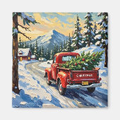 Aimant Vintage Red Truck Carrying Christmas Tree (Devant)