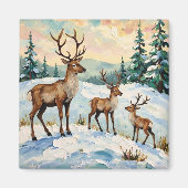 Aimant Vintage Reindeer Family Winter Meadow Painting (Devant)