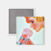 Aimant Vintage Retro Woman Boire Milkshake rose 1930 (Recto/Verso)