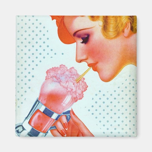 Aimant Vintage Retro Woman Boire Milkshake rose 1930 (Devant)