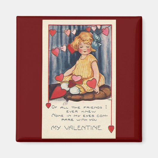 Aimant Vintage Saint Valentin, Fille aux Coeurs rouges (Devant)
