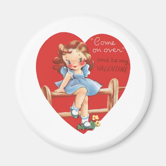 Aimant Vintage Saint Valentin, Fille sur une clôture (Devant)