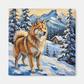 Aimant Vintage Samoyed in Alpine Christmas Landscape (Devant)