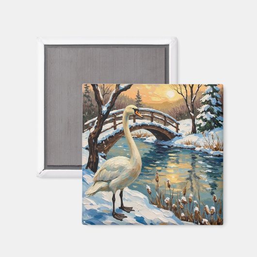 Aimant Vintage Swan by Snowy Bridge Christmas Painting (Recto/Verso)