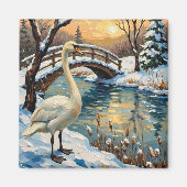 Aimant Vintage Swan by Snowy Bridge Christmas Painting (Devant)