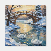 Aimant Vintage Swan Family Under Snowy Bridge Painting (Devant)