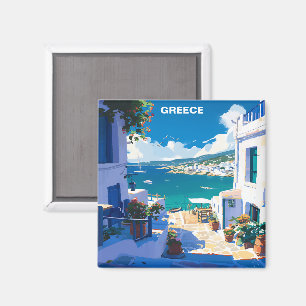 Aimant Vintage voyage de la Grèce Bleu Blanc