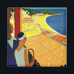 Aimant Vintage voyage, Tennis, Sports, Monte Carlo Monaco<br><div class="desc">Illustration vintage Poster de voyage européen ou étiquette de bagage de Monte Carlo à Monaco avec un couple tenant des raquettes de tennis et regardant un tournoi de tennis près de la plage et la belle mer Méditerranée bleue. Amour et romantisme sur les courts de tennis. Monte Carlo est le...</div>
