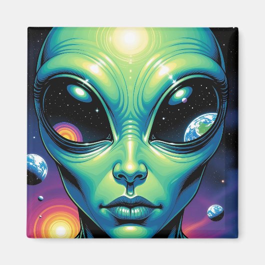 Aimant Visage Alien avec des planètes Réflexions dans les (Devant)