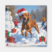 Aimant Vizsla coule en neige avec Casquette de Noël (Devant)