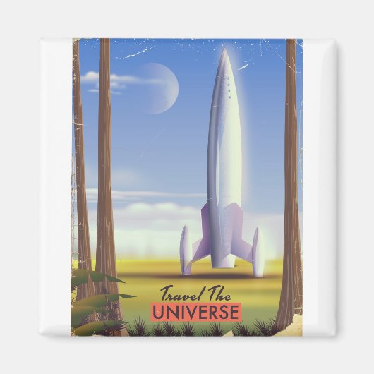 Aimant Voyagez dans l'Univers, art spatial rétro. (Devant)