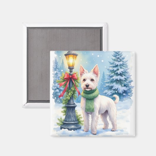 Aimant Watercolor Bedlington Terrier Lamppost Christmas (Recto/Verso)