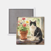 Aimant Watercolor Cat and Flowers on Window Sill (Recto/Verso)