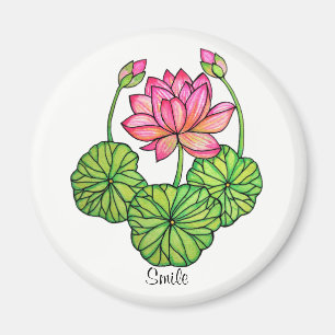 Aimant Watercolor Pink Lotus with Buds & Leaves