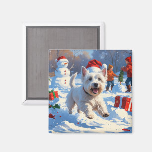 Aimant Westie courant dans la neige avec un chapeau de No