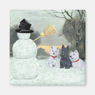Aimant Westies et Scottie avec Bonhomme de neige