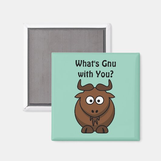 Aimant What’s Gnu, Funny Buffalo Cartoon Animal Pun (Recto/Verso)