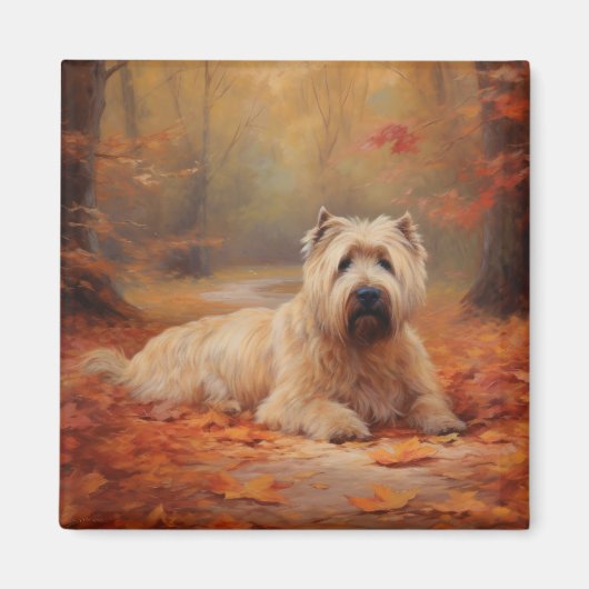 Aimant Wheaten Terrier dans les feuilles d'automne automn (Devant)