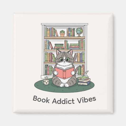 Aimant Whimsical Cat Glasses Reading Bookshelf Cute Decor (Devant)