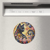 Aimant Whimsical Floral Black Cat Kitty Personalized (In Situ (Lave-vaisselle))
