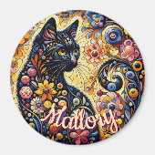 Aimant Whimsical Floral Black Cat Kitty Personalized (Devant)