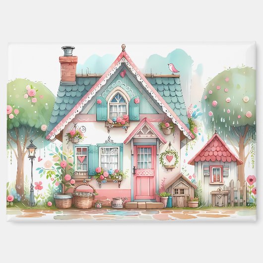 Aimant Whimsical Pastel Fairy Tale Cottage Art (Recto)