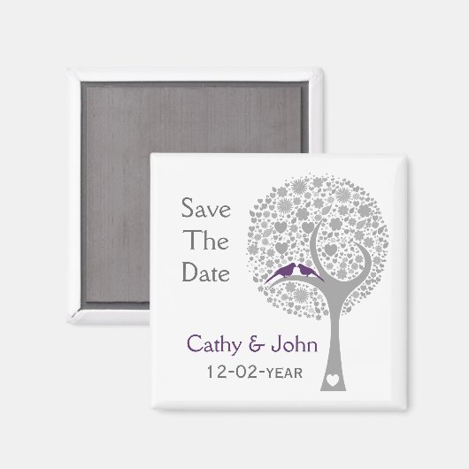 Aimant whimsy tree mauve lovebirds mod enregistrer la dat (Recto/Verso)