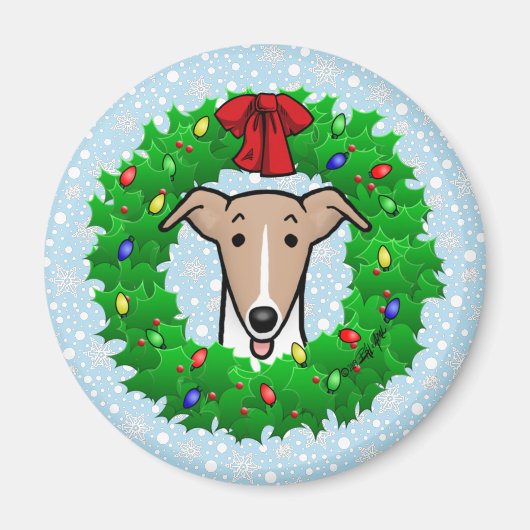 Aimant Whippet Wreath & Lights de Noël - Faune et blanc (Devant)