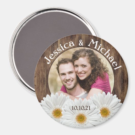 Aimant White Daisy Rustic Wood Photo Mariage Enregistrer  (Recto/Verso)