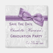 Aimant White Damask & Faux Bow Graduation Enregistrer La (Devant)