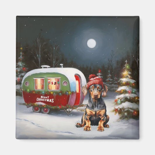 Aimant Winter Doberman Caravan Christmas Adventure (Devant)