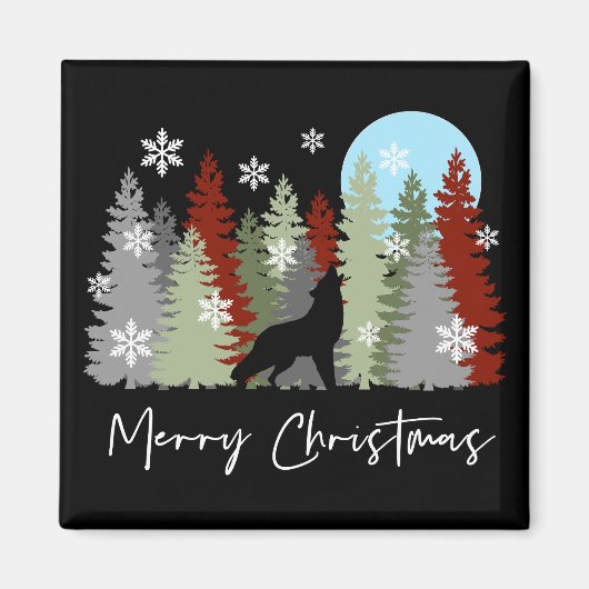 Aimant Wolf Howling Dans La Forêt Joyeux Arbres De Noël (Devant)