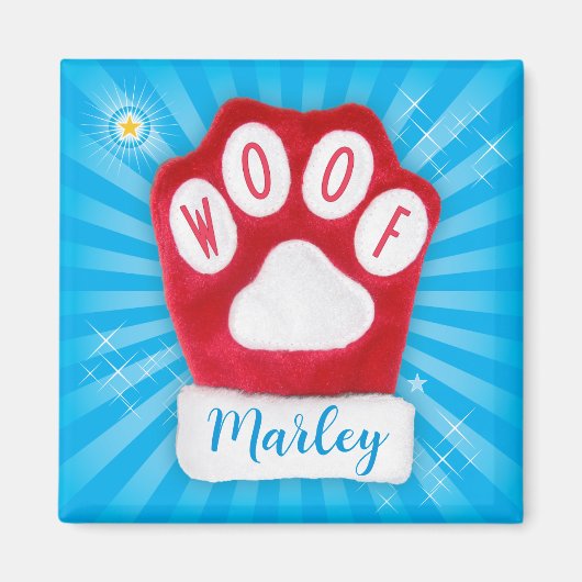 Aimant WOOF Chien Joyeux Noël Rouge Paw Père Noël Mitten (Devant)