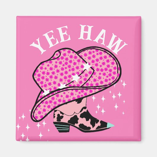 Aimant Yee Haw Pink Cowgirl Rodeo Casquette Boot (Devant)