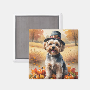 Aimant Yorkipoo À L'Automne Laisse L'Art Thanksgiving