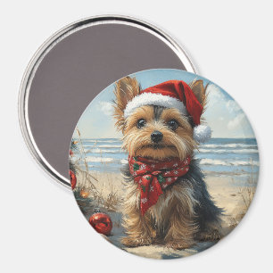 Aimant Yorkshire Terrier Chien Noël Plage Vintage
