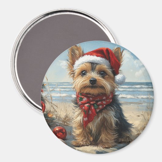Aimant Yorkshire Terrier Chien Noël Plage Vintage (Recto/Verso)