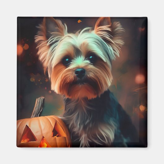 Aimant Yorkshire Terrier d'Halloween avec des citrouilles (Devant)