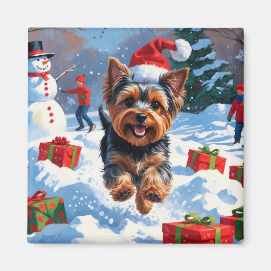 Aimant Yorkshire Terrier en neige avec Casquette de Noël (Devant)
