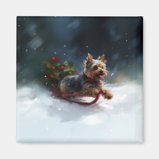 Aimant Yorkshire Terrier Noël neige hiver (Devant)