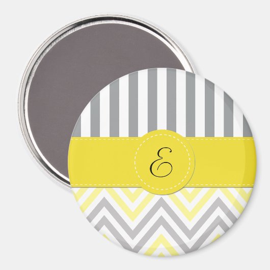 Aimant Zigzag, Chevron, Rayures, Jaune, Gris, Monogramme (Recto/Verso)