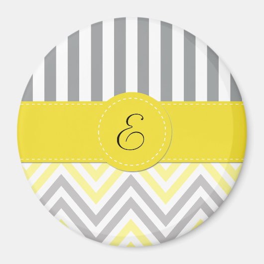 Aimant Zigzag, Chevron, Rayures, Jaune, Gris, Monogramme (Devant)