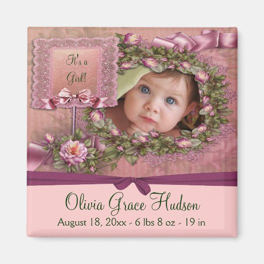 Aimants de naissance pour fille avec roses roses b (Devant)