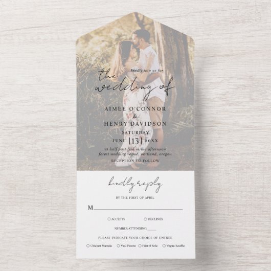 Aimee Rustic Script Modern Wedding All In One Uitnodiging (Binnen)