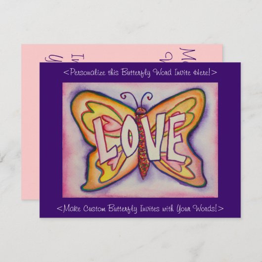 Aimer Word Pink Papillon Custom Art Invitations (Devant / Derrière)