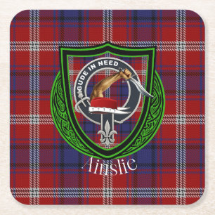 Ainslie Scottish Clan Tartan & Crest Vierkante Kartonnen Onderzetter