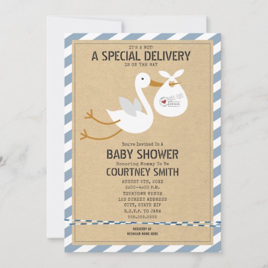 Air Mail Special Delivery Stork Boy Baby shower Kaart (Voorkant)