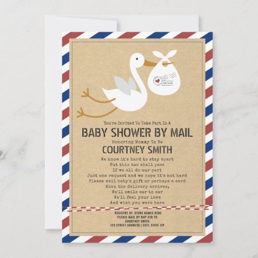 Air Mail Stork Red Blue Baby shower per post Kaart (Voorkant)