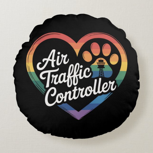 Air Traffic Controller Rainbow Heart Rond Kussen (Voorkant)
