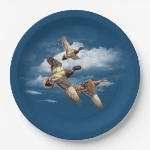 Airborne Mallard eenden op blauw Papieren Bordje